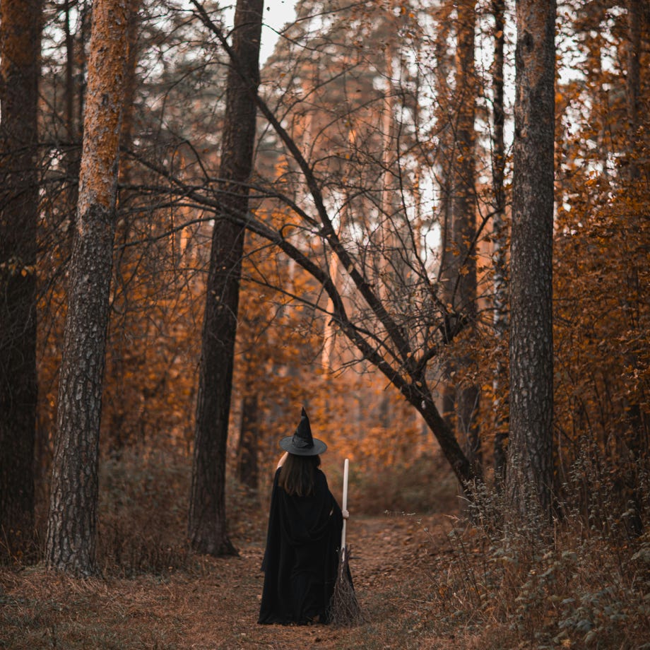 Person Im Hexenkostüm, Das Mitten Im Wald Steht